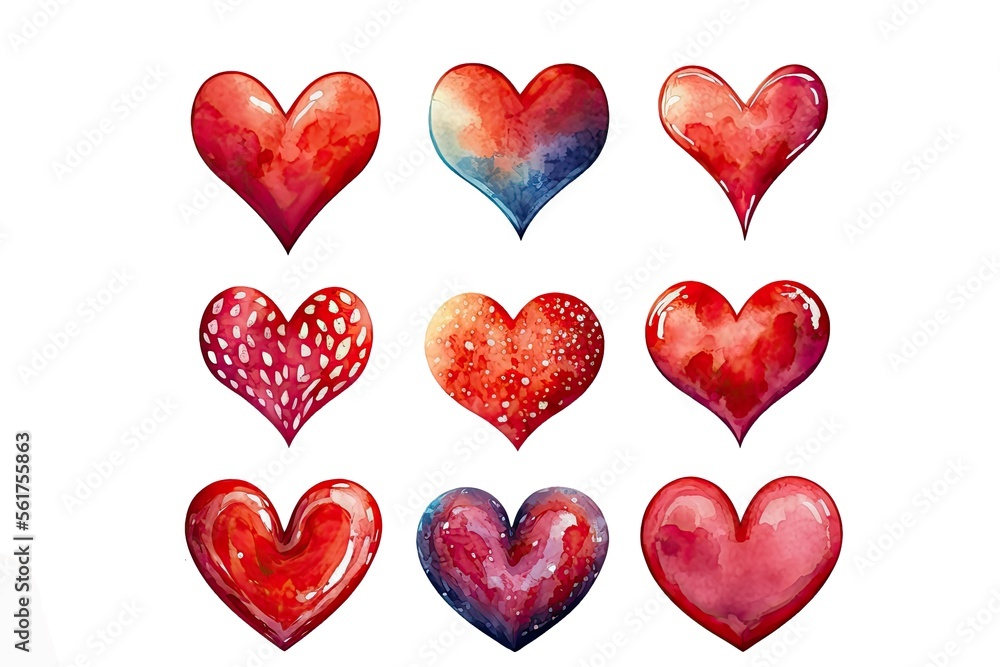 Collection of Cute Watercolor Hearts, Abstract Art, Digital Illustration