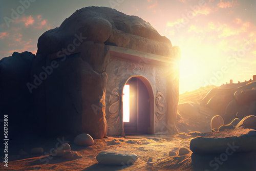 Christian Easter concept resurrection of jesus christ The light shines from the tomb of Jesus. Savior, Messiah, Redeemer, Generative AI