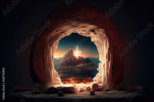 Fényképezés Christian Easter concept resurrection of jesus christ The light shines from the tomb of Jesus