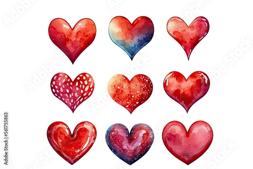 Collection of Cute Watercolor Hearts, Abstract Art, Digital Illustration