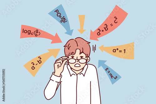 Dumbfounded guy touches glasses after seeing math formulas given in school or college and requiring solution. Examples from algebra around shocked student standing in white shirt. Flat vector image