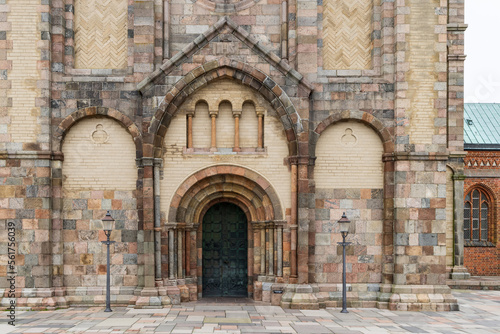 Entrance of cathedral in picturesque village Ribe In Southern Jutland in Denmark. Oldest city of Scandinavia