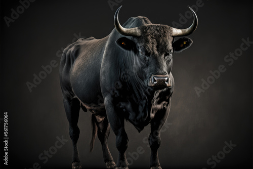 A big black bull isolated on black background. Generative AI