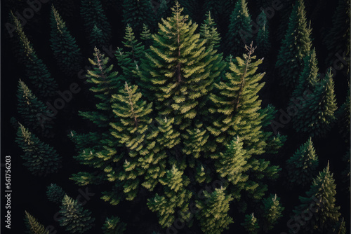 a dense fir forest from above. drone shot. Generative AI