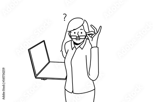 Frustrated businesswoman with laptop feel confused with problem on gadget. Stunned woman with computer shocked with news on device. Vector illustration. 