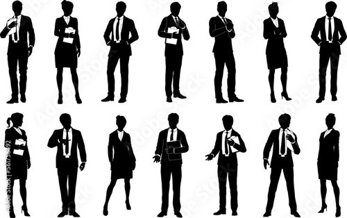 Silhouette business people set. Men and women, smartly dressed, some with clipboards. photo