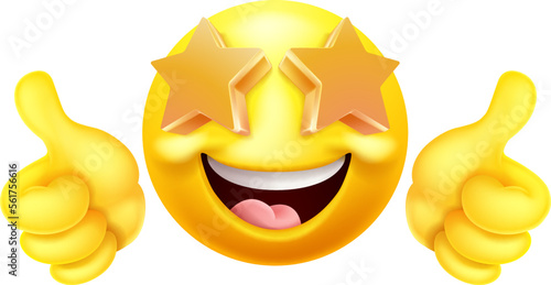 A star struck emoji or emoticon face icon with stars for eyes giving a thumbs up cartoon