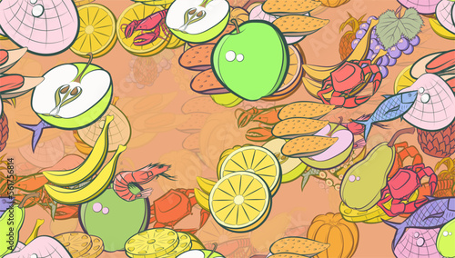 Background pattern abstract design texture. Seamless. Seafood and Fruits. Theme is about royal, fish, slices, shrimp, cheese, fetus, bunch, shell, pear, nautical, couple, Apple, big, peel