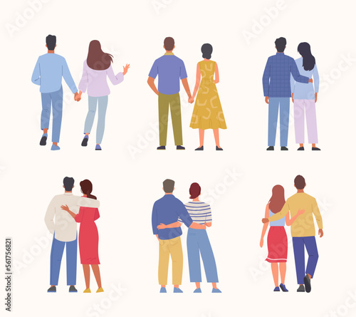 back view people. male and female standing in casual clothes. Vector cartoon characters back
