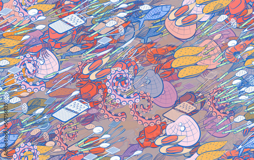 Background pattern abstract design texture. Seamless. Cutlery and Seafood. Theme is about octopus, kitchen knife, potato peeler, lobster, Potato Maker, seafood, fish, sea, tentacle, mussels