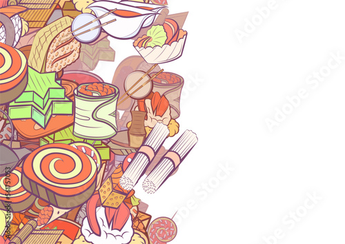 Background pattern abstract design texture. Snacks and Japanese food. Vertical seamless stripe. Border frame, transparent background. Theme is about tea, jelly, bamboo mat, twisted filling