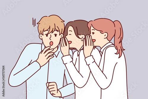 Young man is shocked by secret about colleagues or friends told by two girls. Women share hand-to-mouth gossip with guy or tell their boss about misconduct by other employees. Flat vector illustration