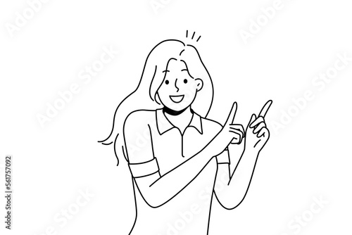 Smiling young woman point up at good deal or offer. Happy girl show with fingers up recommend good sale or discount. Copy space. Vector illustration. 