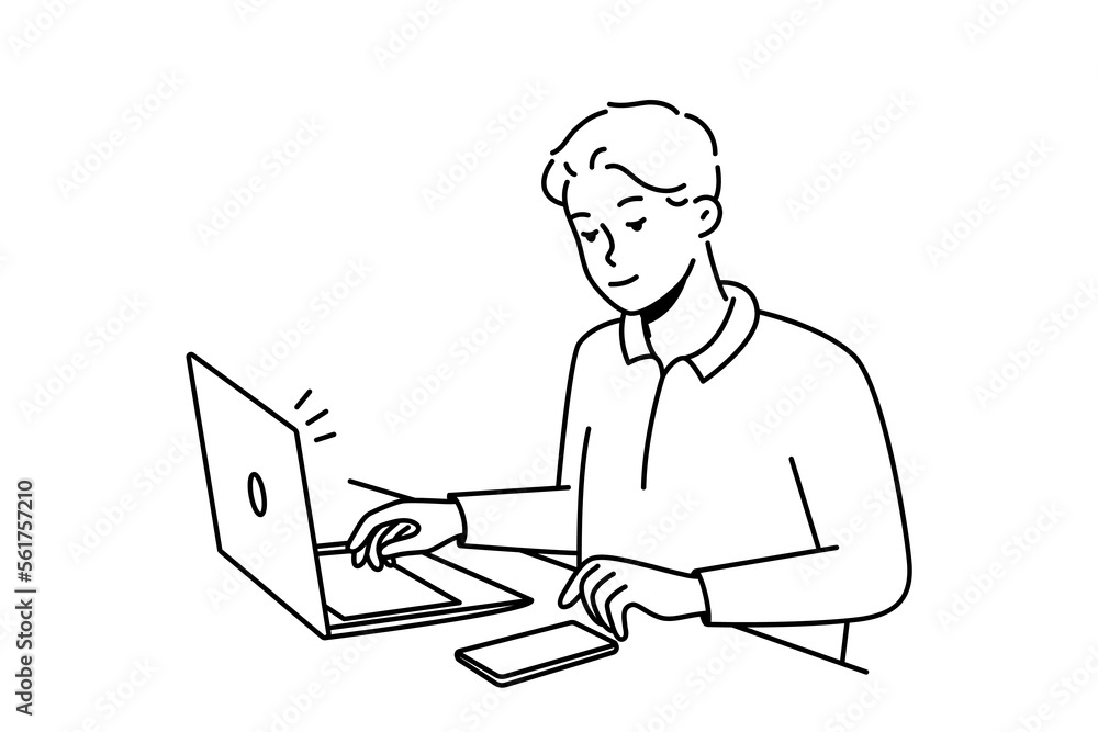 Young businessman sit at desk work on laptop use cellphone. Male employee multitask busy with electronic gadgets on table in office. Vector illustration. Young businessman sit at desk work on laptop use cellphone. Male employee multitask busy with electronic gadgets on table in office. Vector illustration.