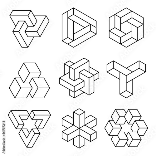 Impossible shapes set line icon. Optical illusion geometry group. Visual perception trick. Penrose geometric objects. Esher impossible figures outline collection. Vector illustration, flat, clip art. photo