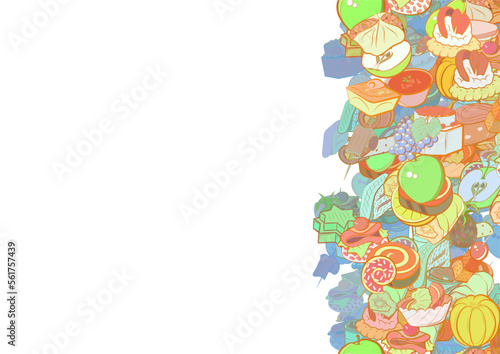 Background pattern abstract design texture. Fruits and Snacks. Vertical seamless stripe. Border frame, transparent background. Theme is about pear, lettuce leaf, biscuit, grapes, wand, tartlet