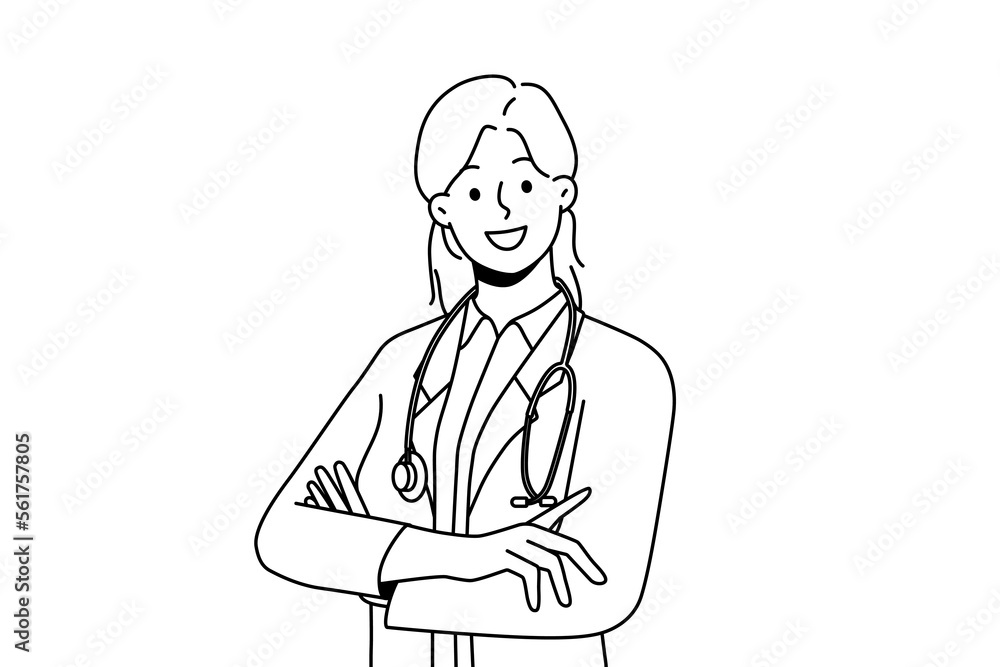 Smiling female doctor in white medical uniform feel positive and optimistic. Happy woman GP or therapist posing showing leadership qualities. Medicine. Vector illustration. 