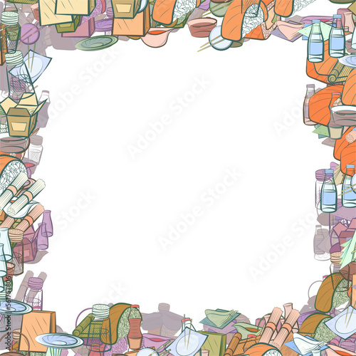 Background pattern abstract design texture. Japanese food and Table setting. Border frame, transparent background. Theme is about salt shaker, tea, bamboo mat, delivery, knife, wok, pepper pot