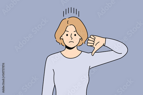 Unhappy young woman show thumb down dissatisfied with bad quality service. Upset distressed female demonstrate dislike and disapproval. Vector illustration. 