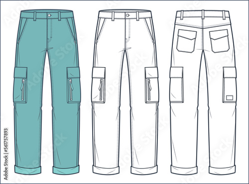 Cargo Pants technical fashion Illustration, green design.  Jeans Pants fashion flat technical drawing template, pockets, front and back view, white, women, men, unisex CAD mockup set.