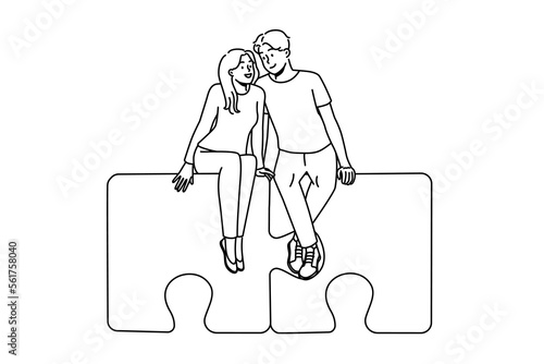 Happy couple sitting on jigsaw puzzles hugging. Smiling man and woman embrace find love together. Relationship and affection. Vector illustration. 