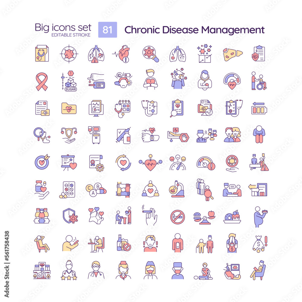 Fototapeta premium Chronic disease management RGB color icons set. Health care. Medical services. Disease treatment. Isolated vector illustrations. Simple filled line drawings collection. Editable stroke