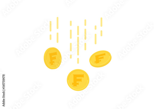 スイスの通貨フランのマーク･₣が入った落ちるコイン - 収入･貯蓄･減っているイメージ
