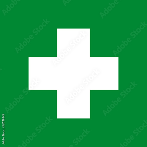White cross on isolated green background. Medical symbol. Vector illustration.
