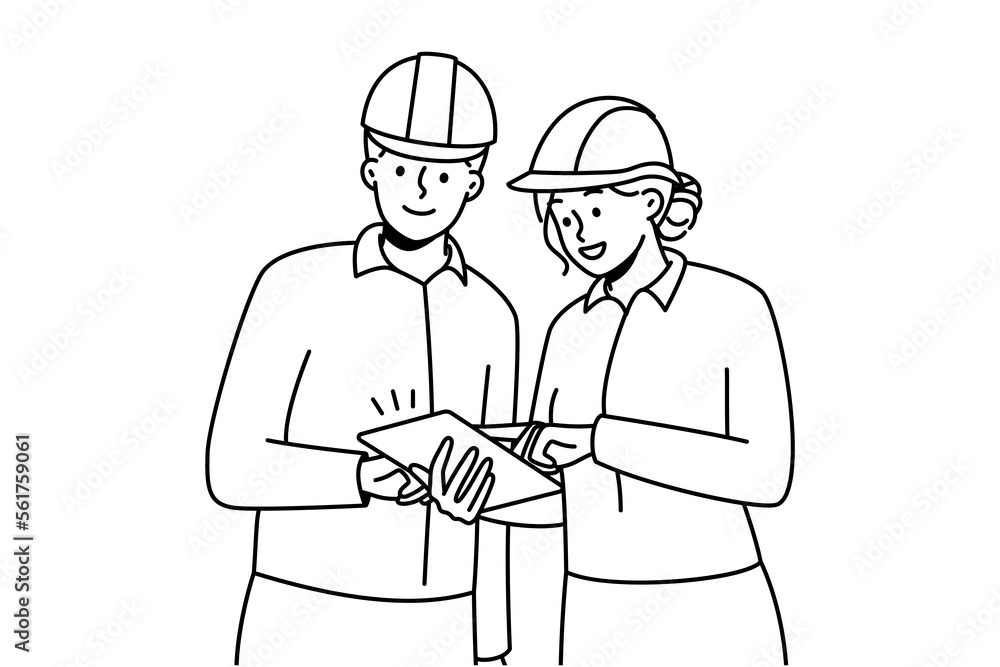 Smiling engineers in helmets working together at building site. Happy architects team brainstorm cooperate at construction place. Vector illustration. Smiling engineers in helmets working together at building site. Happy architects team brainstorm cooperate at construction place. Vector illustration.