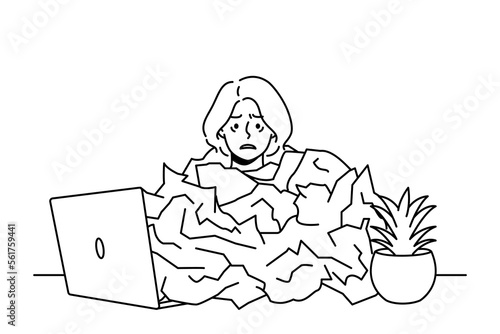 Tired female employee under paper pile overwhelmed with work in office. Exhausted woman overworked at workplace. Burnout and fatigue. Vector illustration. 
