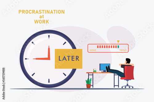 Young worker sitting with his legs on desk, dreaming and procrastinating instead of working 2d vector illustration concept for banner, website, illustration, landing page, flyer, etc photo