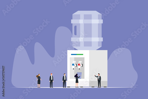 Coworkers team communication, drinking cooler or hot water on break 2d vector illustration concept for banner, website, illustration, landing page, flyer, etc