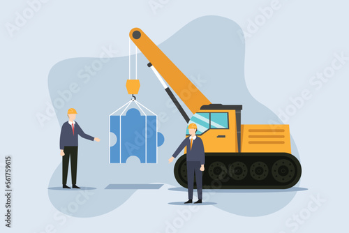 Crane and puzzle building 2d vector illustration concept for banner, website, illustration, landing page, flyer, etc