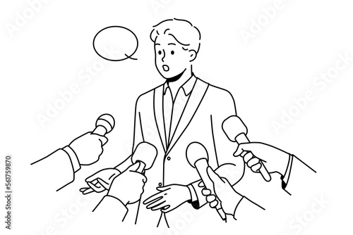 Male politician with speech bubble above head give interview to reporters with microphones. Man in suit speak with journalists with mic. Vector illustration. 