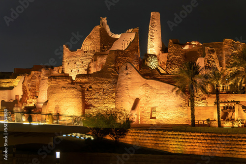 The Historic Diriyah Fort illuminated at night, Riyadh, Saudi Arabia photo