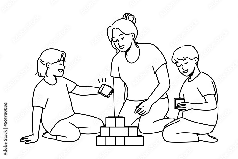 Caring young mother play with children at home. Loving mom engaged in game with colorful blocks with kids on leisure weekend. Vector illustration. Caring young mother play with children at home. Loving mom engaged in game with colorful blocks with kids on leisure weekend. Vector illustration.