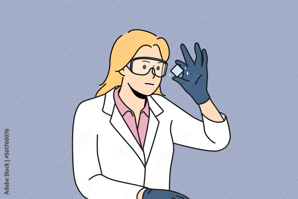 Young woman in white uniform look at chemical element make experiment. Smiling female researcher or scientist in glasses analyze object. Vector illustration. Young woman in white uniform look at chemical element make experiment. Smiling female researcher or scientist in glasses analyze object. Vector illustration.