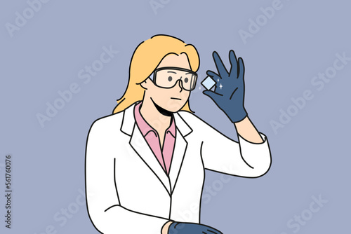 Young woman in white uniform look at chemical element make experiment. Smiling female researcher or scientist in glasses analyze object. Vector illustration. 