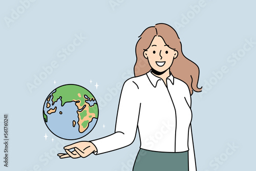 Smiling young female teacher holding globe on hand. Happy woman geography tutor showing planet Earth model. Education and learning. Vector illustration. 