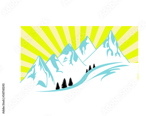 Silhouette de chaîne de montagne et vallée avec sapins sur fond de rayons de soleil