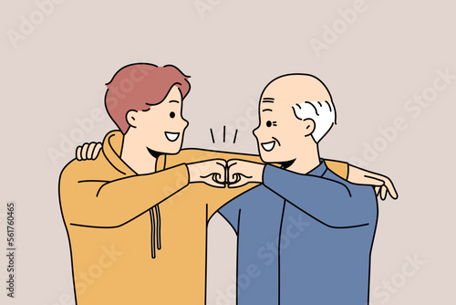 Smiling grandfather and grandson give fists bump show bonding and connection. Happy younger and older generation friendship. Vector illustration. 