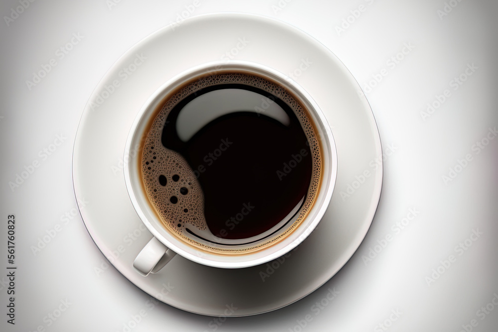A cup of coffee is seen from the top, isolated on white. Generative AI A cup of coffee is seen from the top, isolated on white. Generative AI