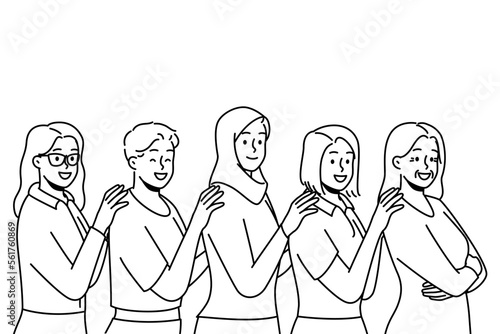 Group of smiling multiracial women stand together showing unity and support. Happy interracial multiethnic females demonstrate togetherness. Vector illustration. 