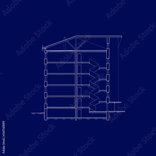 Detailed multi-storey building. Cross-section town house. Vector blueprint.