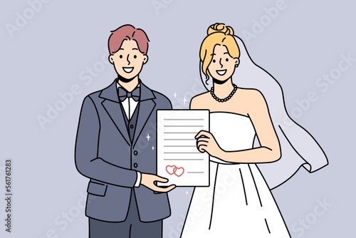 Smiling bride and groom holding marriage certificate excited about starting family. Happy couple in bridal dress and suit on wedding day. Vector illustration. 
