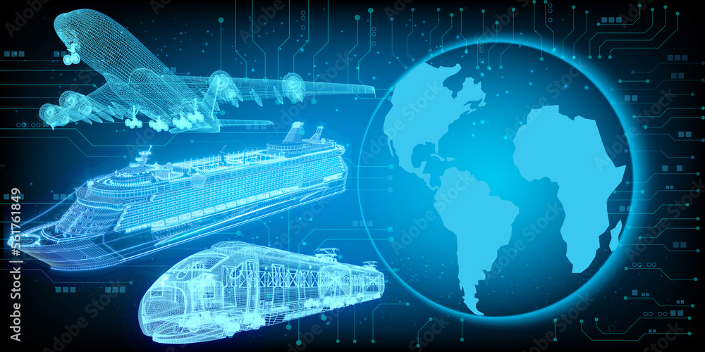 Obraz premium 3D rendering illustration aeroplane cargo ship and Lorry truck with world maps blueprint glowing neon hologram futuristic show technology security for premium product business finance transportation