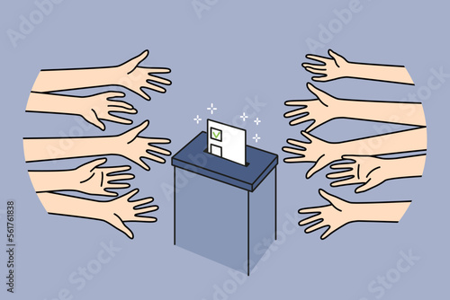 Diverse people near election box voting. Voters stretch hands throw political ballot. Right to vote concept. Vector illustration. 