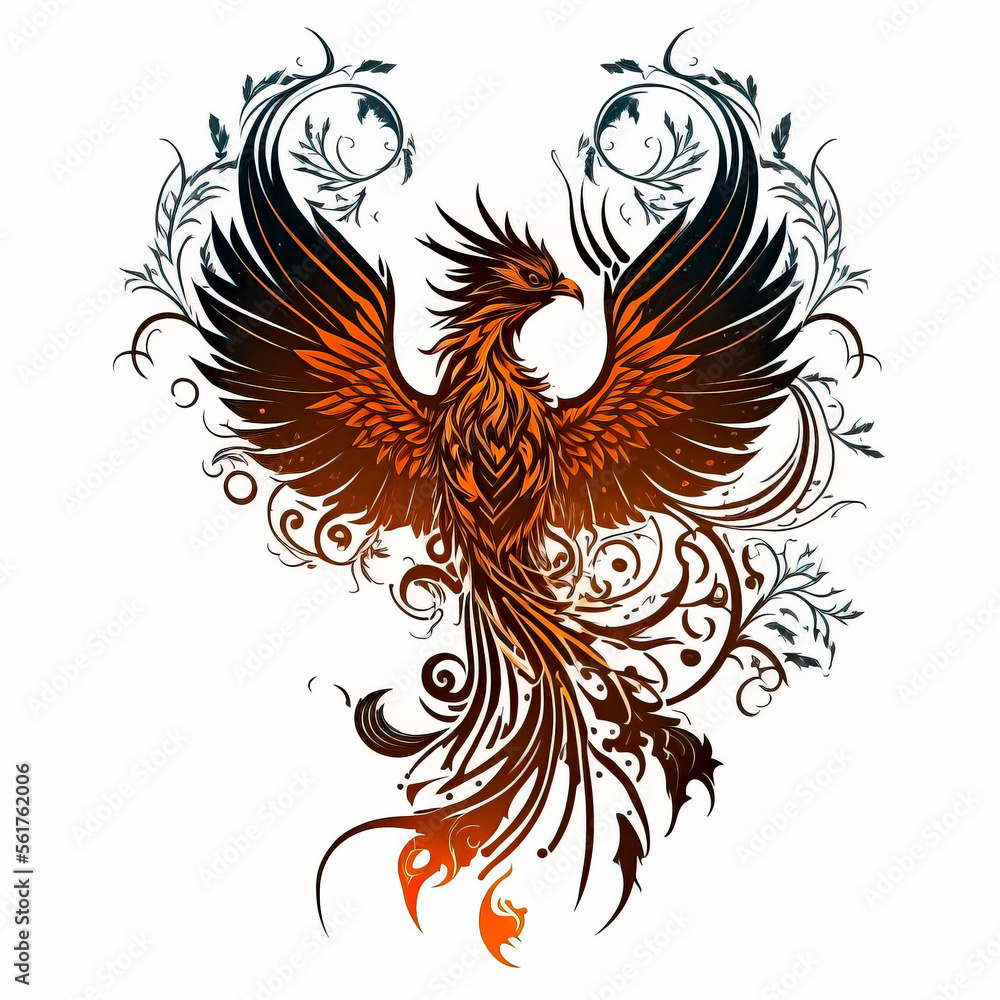 Freedom, phoenix bird tattoo sketch on white background. black ink and geometry. mythological animal created with Generative AI technology