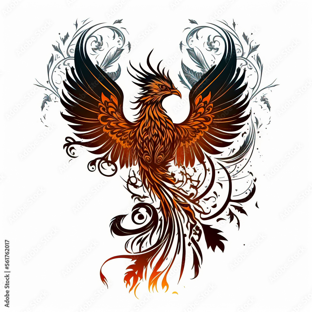 phoenix bird tattoo sketch on white background. black ink and geometry. mythological animal created with Generative AI technology phoenix bird tattoo sketch on white background. black ink and geometry. mythological animal created with Generative AI technology