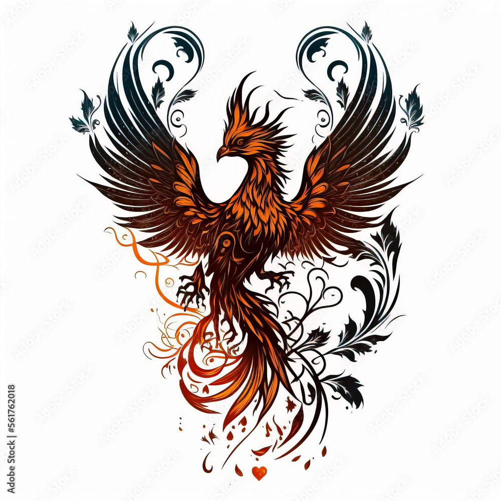 phoenix bird tattoo sketch on white background. black ink and geometry. mythological animal created with Generative AI technology phoenix bird tattoo sketch on white background. black ink and geometry. mythological animal created with Generative AI technology